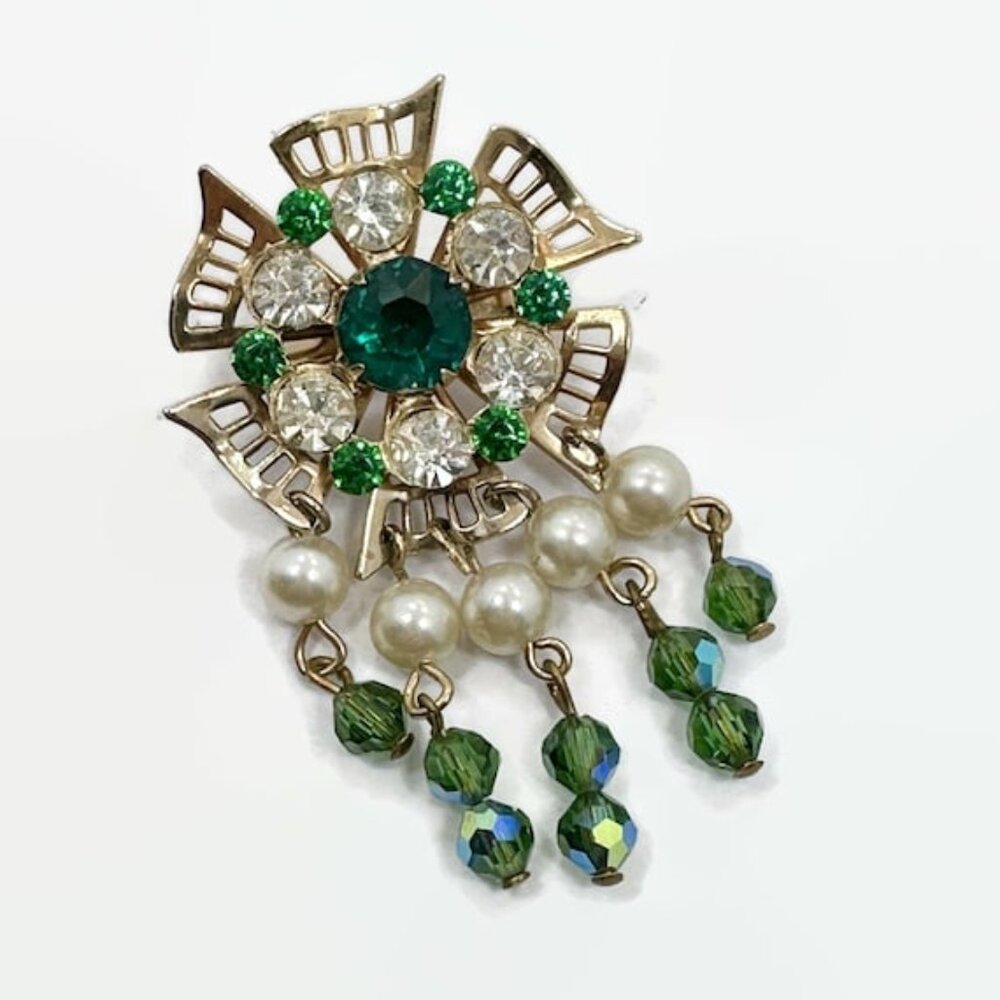 Rhinestone Brooch, Green Rhinestone, Clear, MCM, Gold, 50s, 60s, Vintage